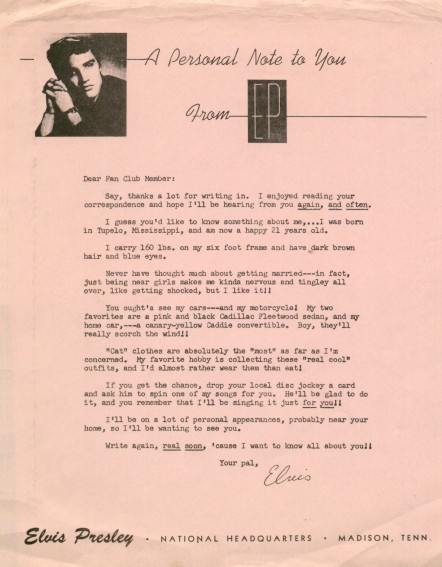 1956 fan club letter - A Personal Note To You From EP